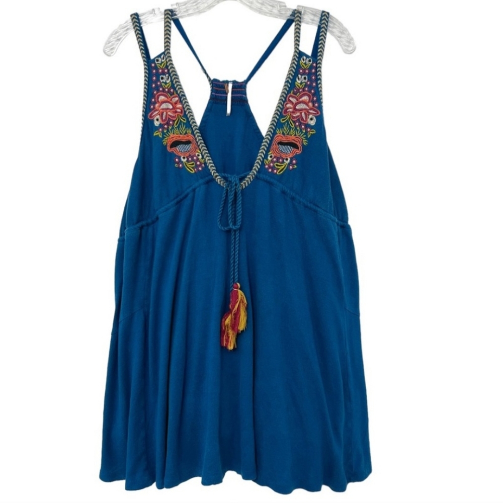 Free People Lovers Cove Embroidered Blue Sleeveless Top
